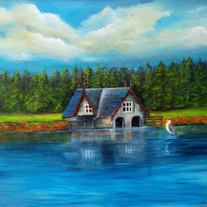 carton boathouse heron oil painting by Donna McGee