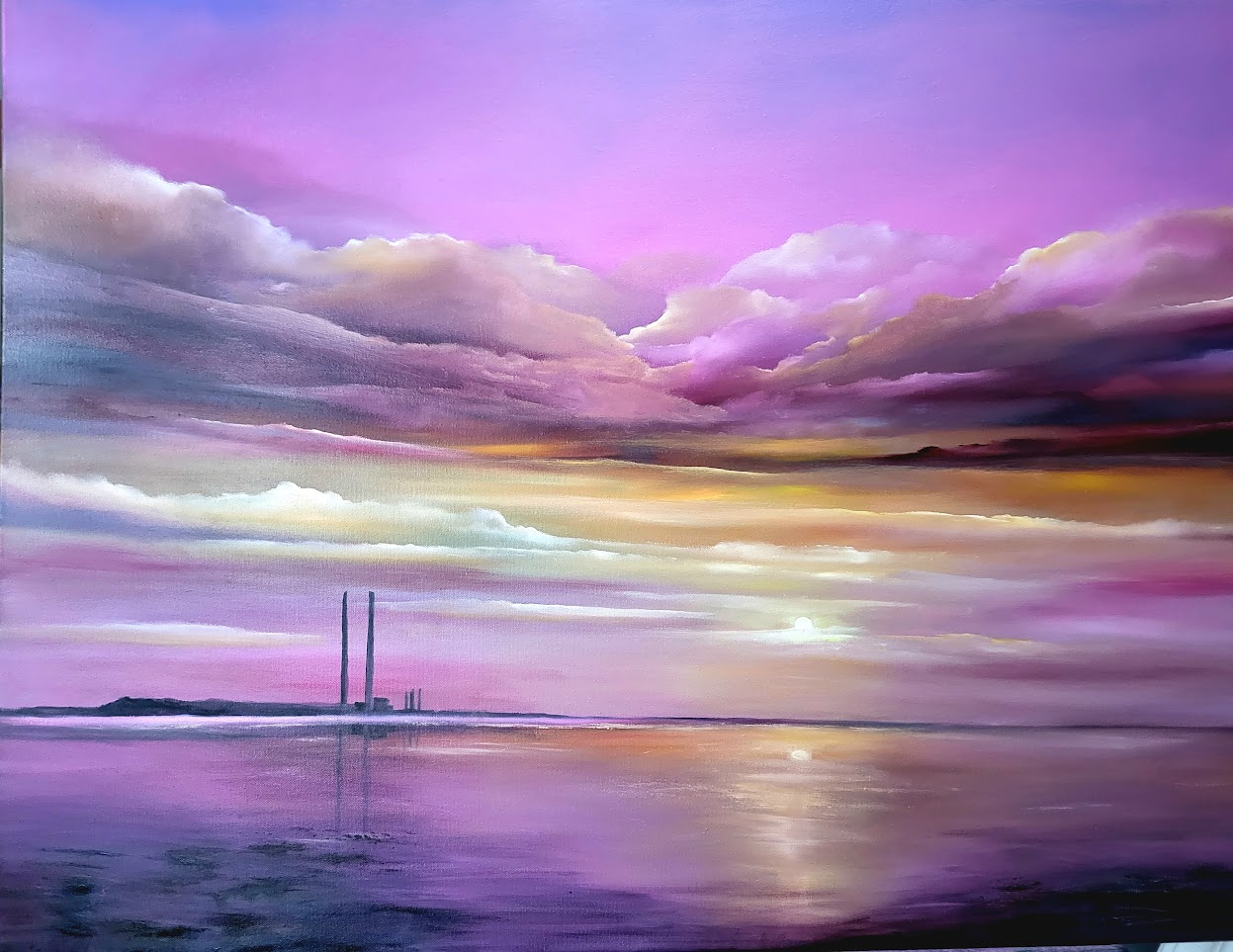 poolbeg sunset oil painting of pigeon house chimneys by donna mcgee