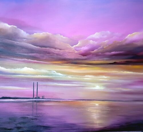 poolbeg sunset oil painting by donna mcgee
