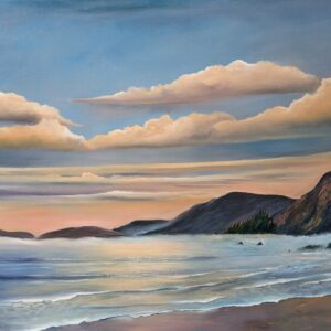 coumeenoole beach kerry oil painting by Donna McGee - peach sky