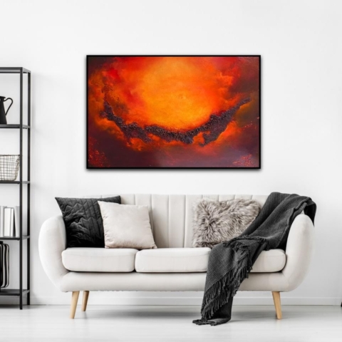  “Ethereal Embers” a name combining the fiery warmth of orange and red tones with the ethereal quality of abstract art, highlighting the intrigue within the piece. abstract oil painting donna mcgee