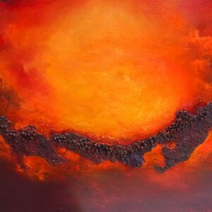 Ethereal Embers Abstract oil painting of fiery red and burnt orange hues by Donna McGee
