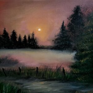 sleepy meadow oil painting where a gentle mist blankets the landscape as the setting sun fades - Donna McGee