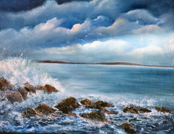 skerries coastal charm oil painting by donna mcgee with the sea rolling into shore and crashing against the rocks
