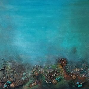 Dive into the mesmerising depths of 'Cerulean Depths,' where layers of aged rust intertwine with gleaming jewels, resting peacefully at the bottom of the ocean.