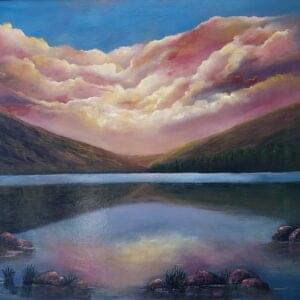 twilight echoes of glendalough - cloudy pink sky reflecting over the upper lake