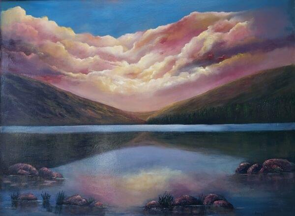 twilight echoes of glendalough - cloudy pink sky reflecting over the upper lake