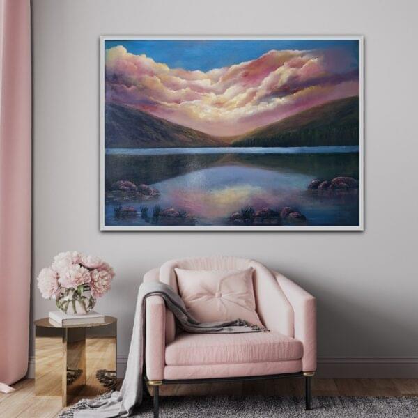 twilight echoes of glendalough - cloudy pink sky reflecting over the upper lake room view 2