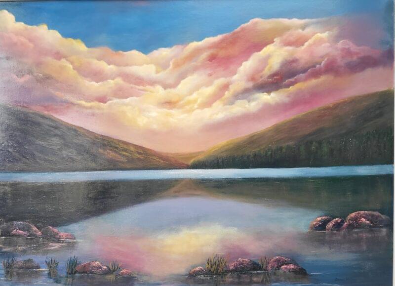 Glendalough upper lake oil painting in twilight setting