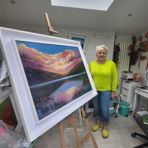 Twilight Echoes of Glendalough upper lake oil painting with Donna McGee in Studio