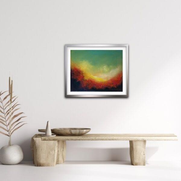 "Solar Fury" - Ignite your space with the fiery energy of a sunset in this vibrant abstract oil painting. Bold reds, yellows, and greens blend to create a dynamic composition, adding dramatic flair to any room.