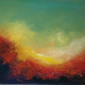 "Solar Fury" - Ignite your space with the fiery energy of a sunset in this vibrant abstract oil painting. Bold reds, yellows, and greens blend to create a dynamic composition, adding dramatic flair to any room.