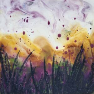 Embrace the vibrant beauty of nature with this 9x9 inch encaustic painting of abstract wilderness flowers. This captivating piece features a stunning blend of purple and yellow ochre, evoking the essence of wildflowers in a sunlit meadow.