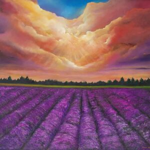 Lavender Dreams', a stunning 30 x 40 inch oil painting featuring vibrant heather fields under a peach and purple sky, perfect as a statement piece for any space.