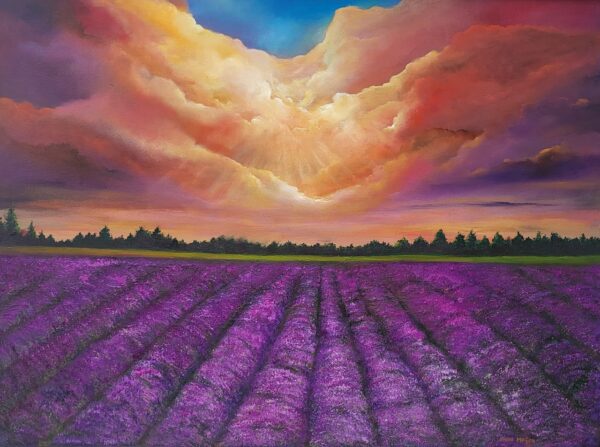 Lavender Dreams', a stunning 30 x 40 inch oil painting featuring vibrant heather fields under a peach and purple sky, perfect as a statement piece for any space.