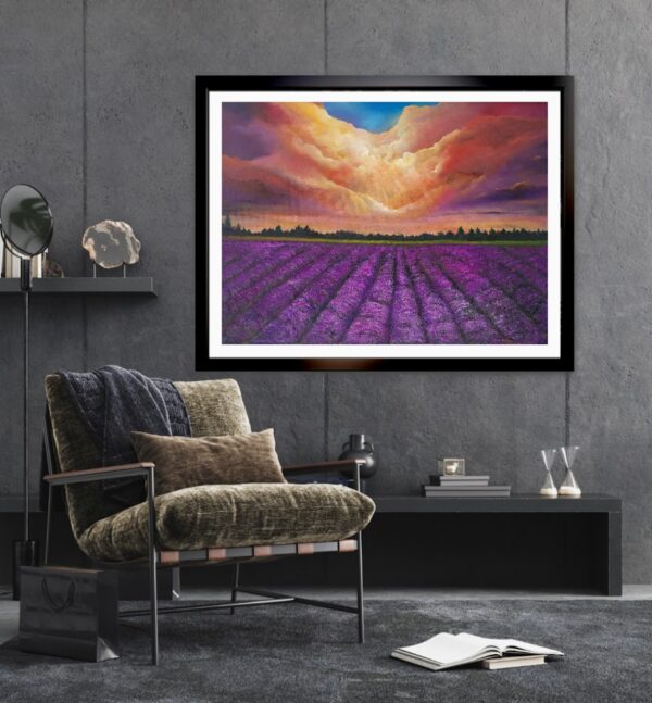 Lavender Dreams', a stunning 30 x 40 inch oil painting featuring vibrant heather fields under a peach and purple sky, perfect as a statement piece for any space.