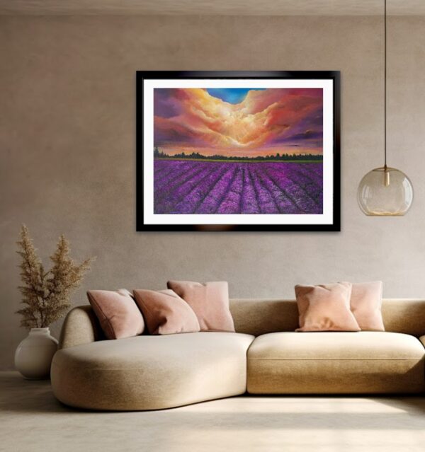 Lavender Dreams', a stunning 30 x 40 inch oil painting featuring vibrant heather fields under a peach and purple sky, perfect as a statement piece for any space.