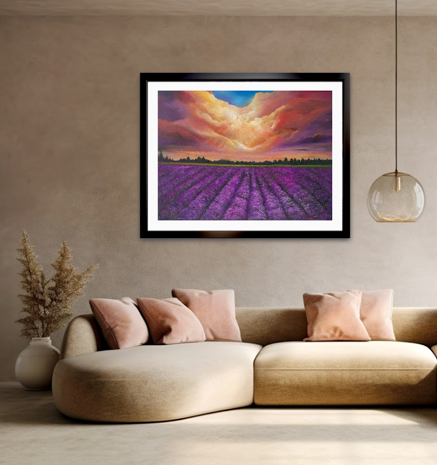 lavender dreams - a field of lavender against a peach sky oil painting donna mcgee