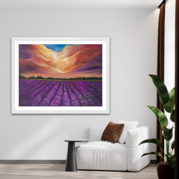 Lavender Dreams', a stunning 30 x 40 inch oil painting featuring vibrant heather fields under a peach and purple sky, perfect as a statement piece for any space.