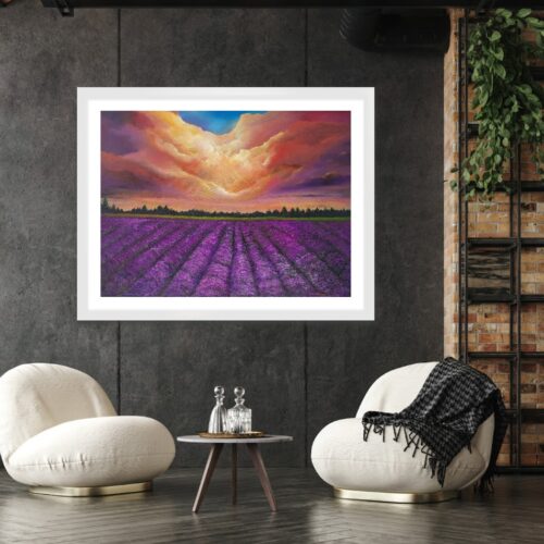 Lavender Dreams', a stunning 30 x 40 inch oil painting featuring vibrant heather fields under a peach and purple sky, perfect as a statement piece for any space.