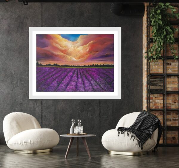 Lavender Dreams', a stunning 30 x 40 inch oil painting featuring vibrant heather fields under a peach and purple sky, perfect as a statement piece for any space.