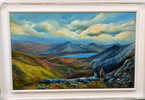 commissions - new horizons 30x48 inch large oil painting of kerry mountains with climbers in the foreground