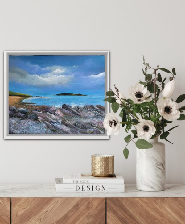 rocky terrain at donabate beach looking out towards Lambay island dublin oil painting donna mcgee