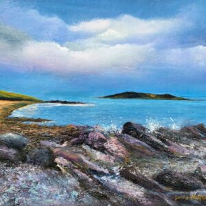 rocky terrain at donabate oil painting blue sky over sea and rocks oil painting donna mcgee