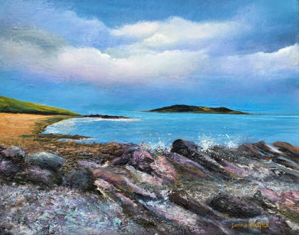 rocky terrain at donabate oil painting blue sky over sea and rocks oil painting donna mcgee