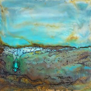 Discover Donna McGee's Rustic Aqua Jewel encaustic painting blending serene aqua, earthy rust, and a mystical aqua jewel. Feel the dynamic textures and ethereal beauty inspired by Ireland's coastlines. 