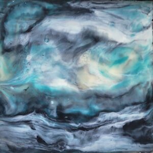 serene rolling waves of aqua, grey and cream with sea froth encaustic paiinting