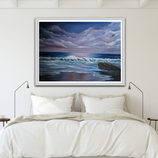 spanish point serenade oil painting donna mcgee -Gentle waves lap against the shore with the vibrant purple hues of the sky.