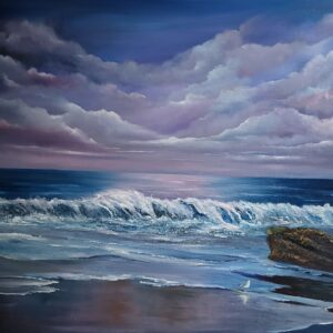 spanish point serenade oil painting donna mcgee -Gentle waves lap against the shore with the vibrant purple hues of the sky.