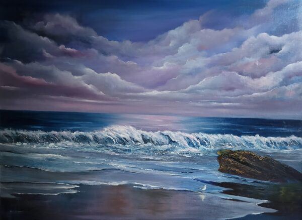 spanish point serenade oil painting donna mcgee -Gentle waves lap against the shore with the vibrant purple hues of the sky.